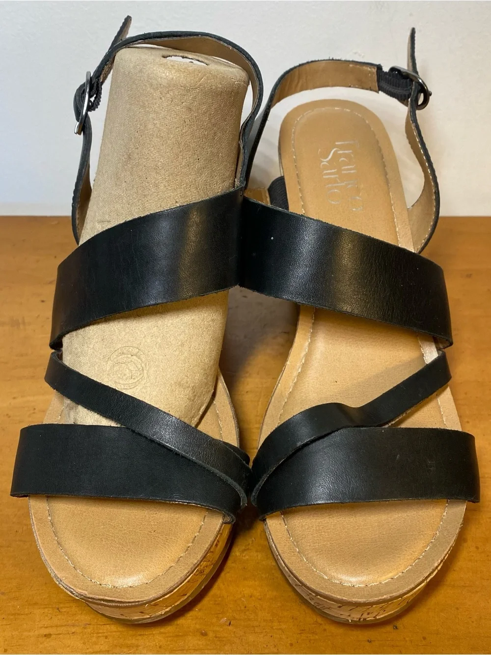 Franco Sarto Women’s 7 Black Leather Strappy Cork Wedges Heels Cooper Sandals